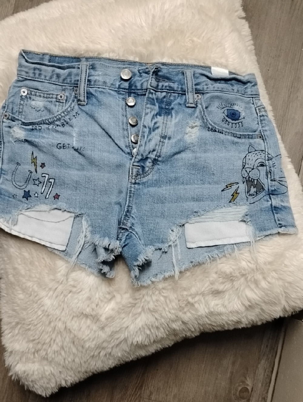 Light Blue Distressed Denim Women's Jean Shorts with Graphic Details
